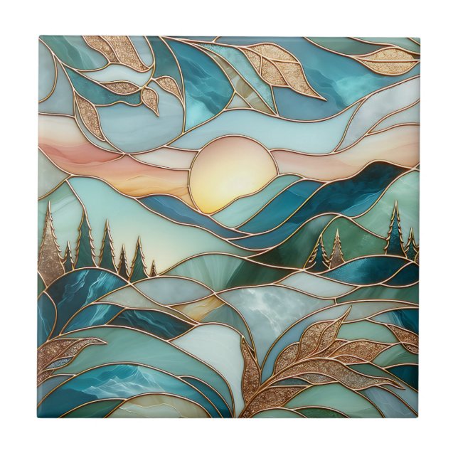 Golden Mountain Peaks Forest Stained Glass Art (Frente)