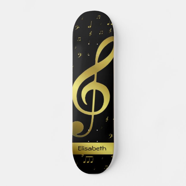 golden music notes in black skateboard deck (Frente)