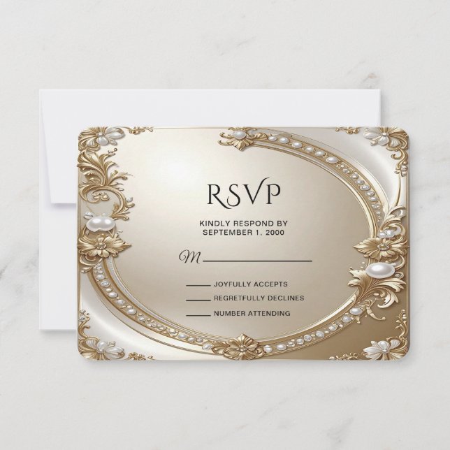 Golden Ornate Frame with Pearls RSVP Card (Frente)