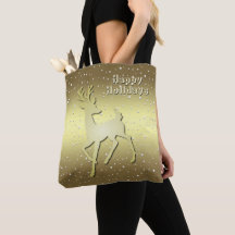 Golden Reindeer Snowy Holiday Tote Bag