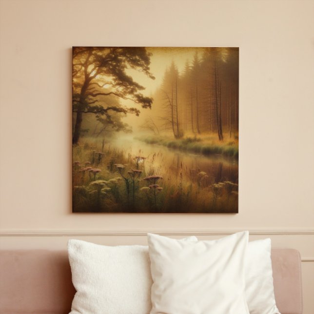 Golden River Mist – Vintage Canvas Print (Misty forest dawn. Ethereal swamp landscape art. #Atmospheric #NatureLoversGift)