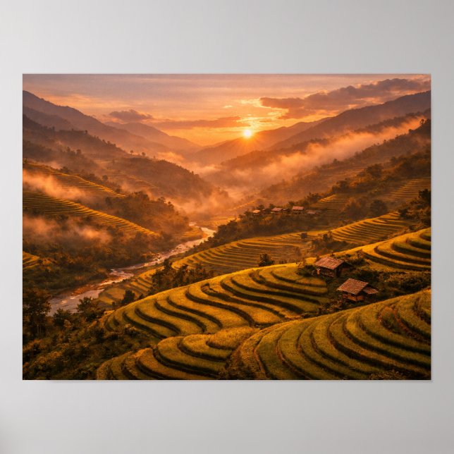 Golden Sunset Rice Terraces Poster (Frente)