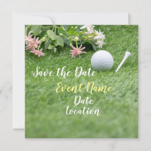 Golfe salve a data com bola de golfe e flores