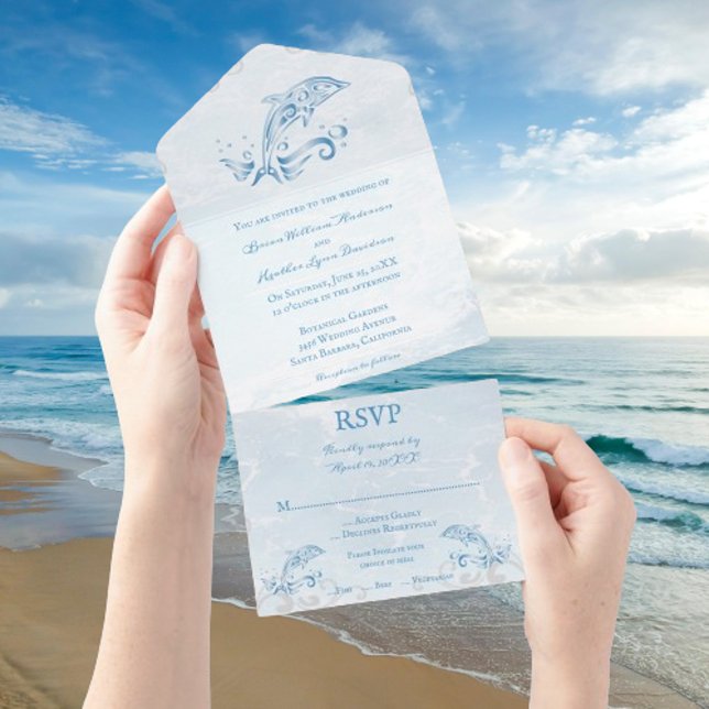 Golfinho Azul - Tudo em um Convite de casamento (Blue Dolphin All in One Wedding Invite)