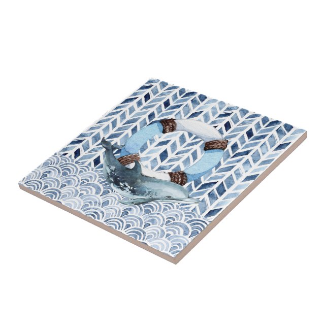 Golfinho e boia salva-vidas sobre o padrão marítim (Lateral)