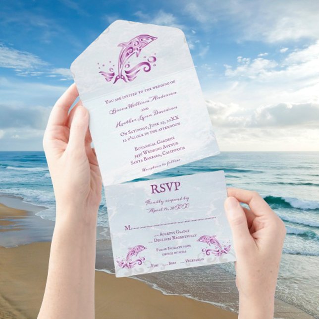 Golfinho magenta - Tudo em um Convite de casamento (Magenta Dolphin All in One Wedding Invite)