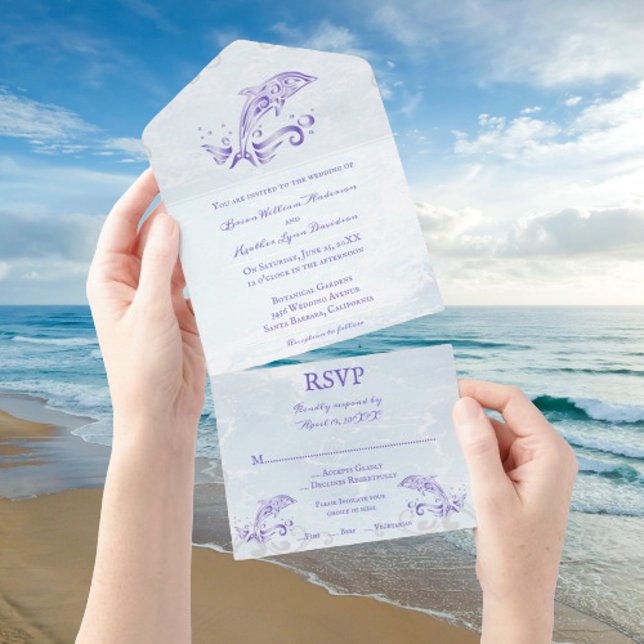 Golfinho Roxo Tudo em Um Convite de casamento (Purple Dolphin All in One Wedding Invite)