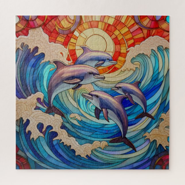 Golfinhos saltando no quebra-cabeça das ondas (Vertical)