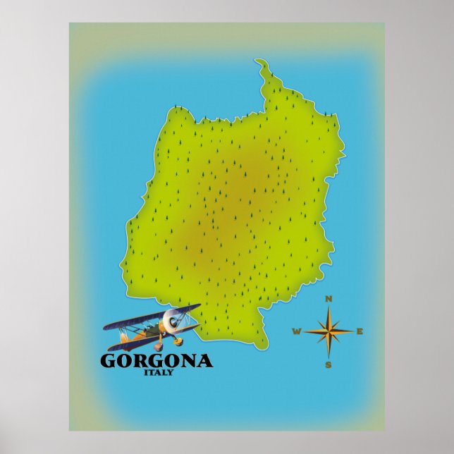 Gorgona Itália mapeia poster de viagens. (Frente)