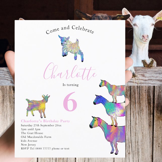 Gosta do rosa do Aniversário de criança de Aquarel (Cute goats farm animal themed 6th birthday party budget invitation watercolor colorful animal art)