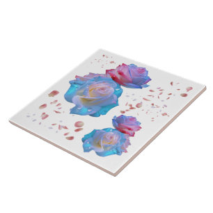 Gotas de água em Rosas cor-de-rosa e azuis em bran