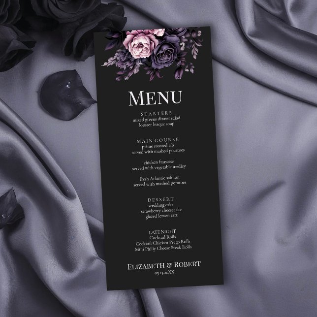 Gothic Black Floral Wedding Menu Card (Gothic Black Floral Wedding Menu Card on a gothic wedding table with black roses)