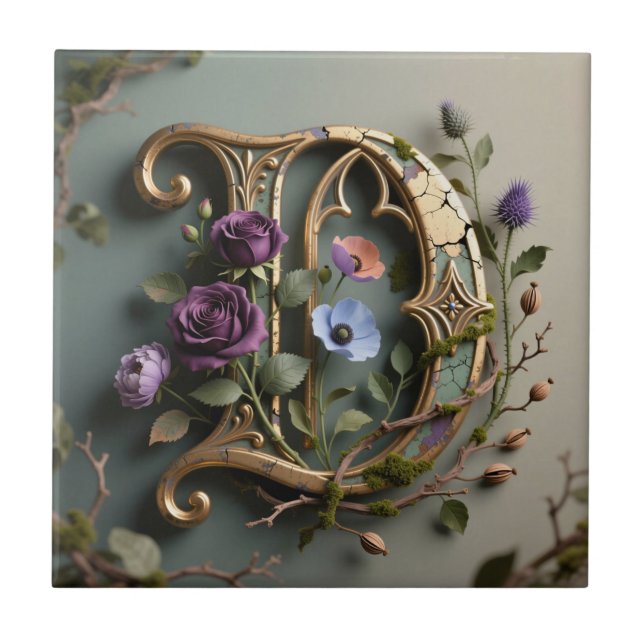 Gothic Floral Patina Gold Letter D (Frente)