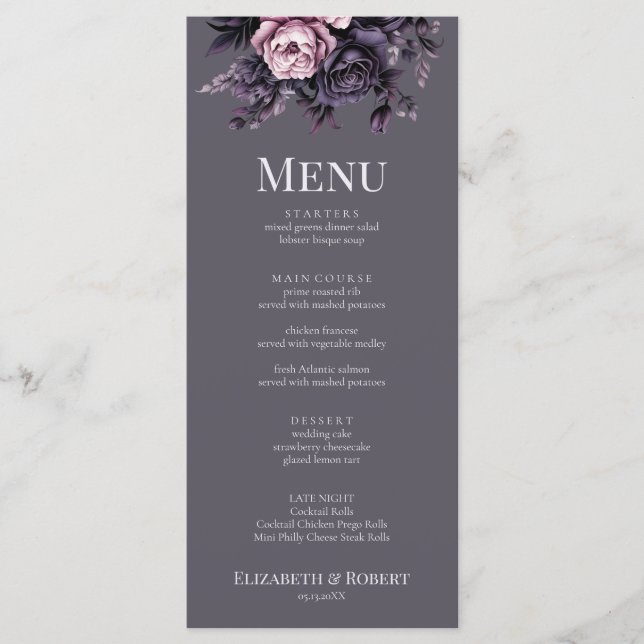 Gothic Plum Floral Wedding Menu (Frente)