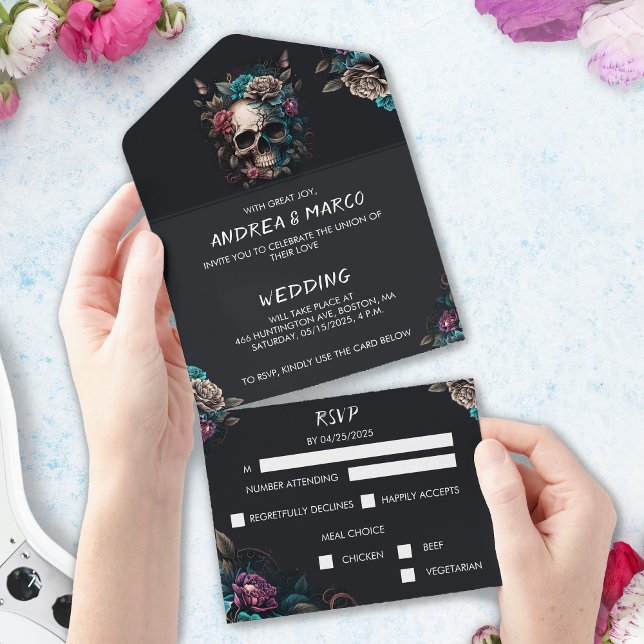 Gótica Negra e Roxo Caveira de Casamento de Hallow (Skull Wedding Invitation With Rsvp Card)