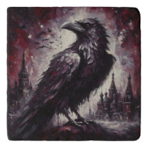Gótica Raven Crow Bird Pintura Negra Vermelha