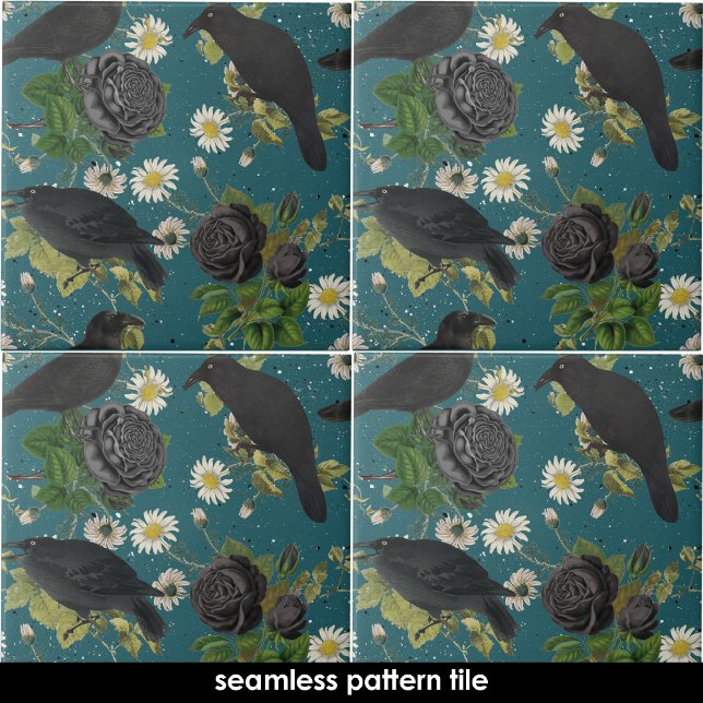 Gótico Coroa Rosas Pretos Profundamente Sem Vista (Black Crows & Roses Deep Teal Seamless Pattern Ceramic Tile)