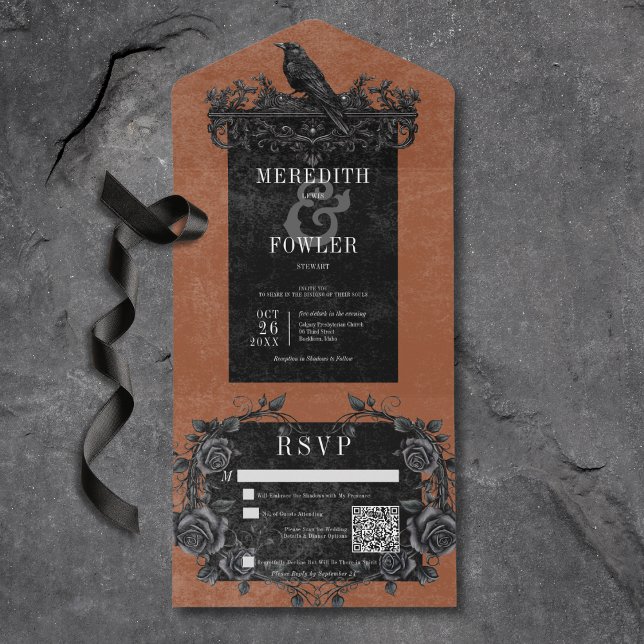 Gótico Corvo Negro & Rosas Enferrujadas Código QR (Gothic Black Raven & Back Roses Rust All In One Wedding Invitation with QR Code)