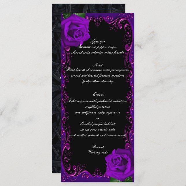 Gótico Elegante Rosas Roxos Menu Casamento (Frente/Verso)