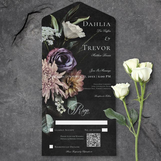Gótico Escuro Misterioso Muted Floral Código QR Fl (Dark Gothic Mysterious Muted Floral QR Code All In One Invitation)