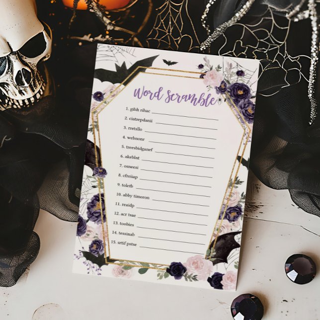 Gótico Floral Coffin Word Scramble Game (Floral Gothic Coffin Baby Shower Word Scramble Game)