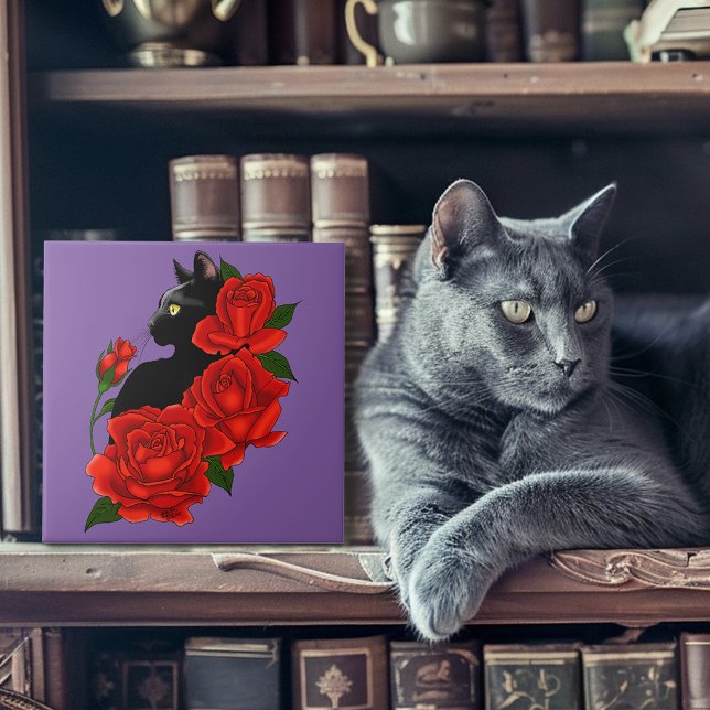 Gótico Gato Preto Rosas Vermelhas Roxo (Criador carregado)