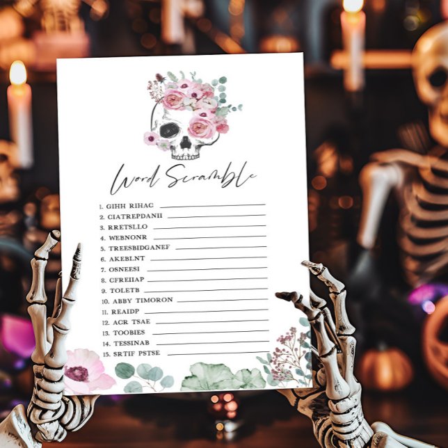 Gótico rosa - Jogo de Escravagem de Palavras de Ca (Floral Skull Baby Shower Word Scramble Game)