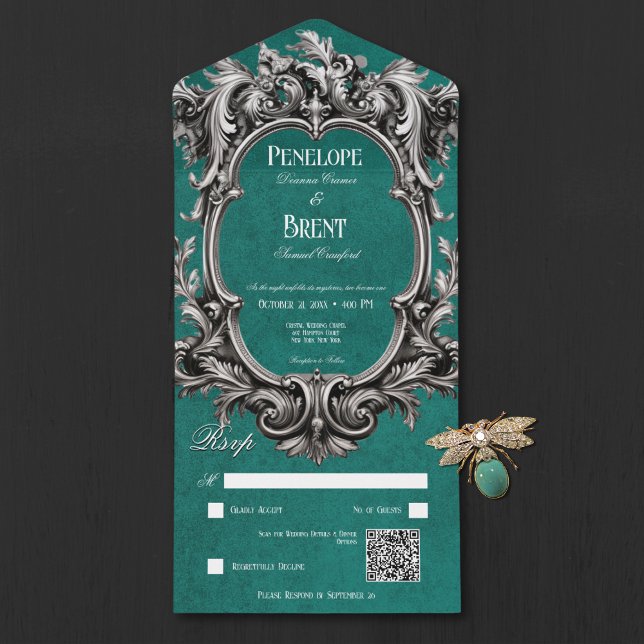 Gótico Teal Moody Victorian Frame QR Code (Gothic Teal Moody Victorian Frame QR Code All In One Invitation)