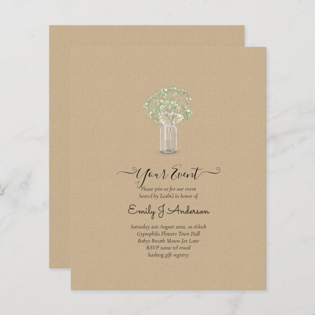 GPE Gypsophila Mason Jar moderno casamento mínimo (Frente/Verso)