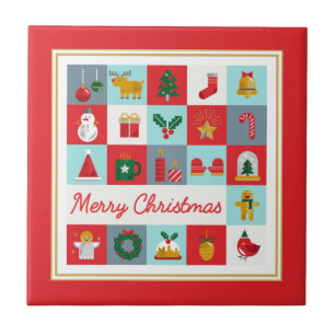 Grade de Ícone Retro de Natal com Moldura Vermelha