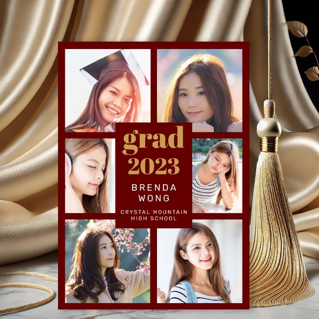 Graduação 6 Colagem de Fotos Script Branco Dourado (Modern Maroon Gold Six Photo Graduation Announcement Magnet)