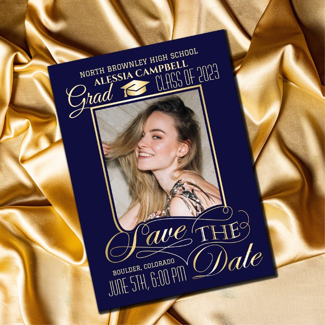 Graduação Azul Elegante Salvar o Convite de Data (Criador carregado)