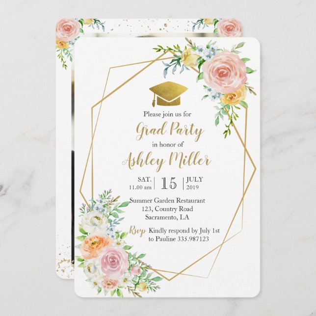 Graduação cartão com fotos floral de Aquarela (Frente/Verso)