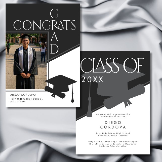 Graduação com Foto Geométrica Preto e Branco Moder (Modern Black White Geometric Photo Graduation Announcement)
