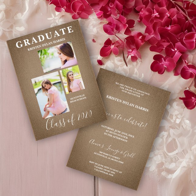 Graduação de Colagem de Três Fotos Marrons Têxtil (Brown Modern Three Photos Collage Graduation Linen Effect Fabric Invitation Card.)
