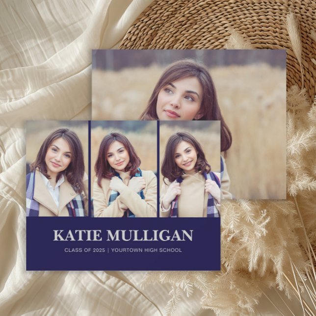 Graduação de Foto Azul-marinho 4 (Navy blue graduation 4-photo announcement.)