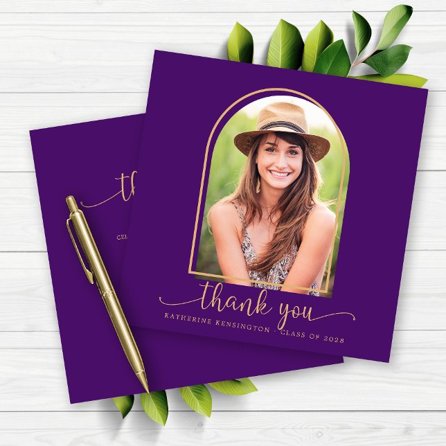 Graduação de Foto do Arch Dourado Roxo Real Obriga (Royal Purple Gold Arch Photo Graduation Thank You Card)
