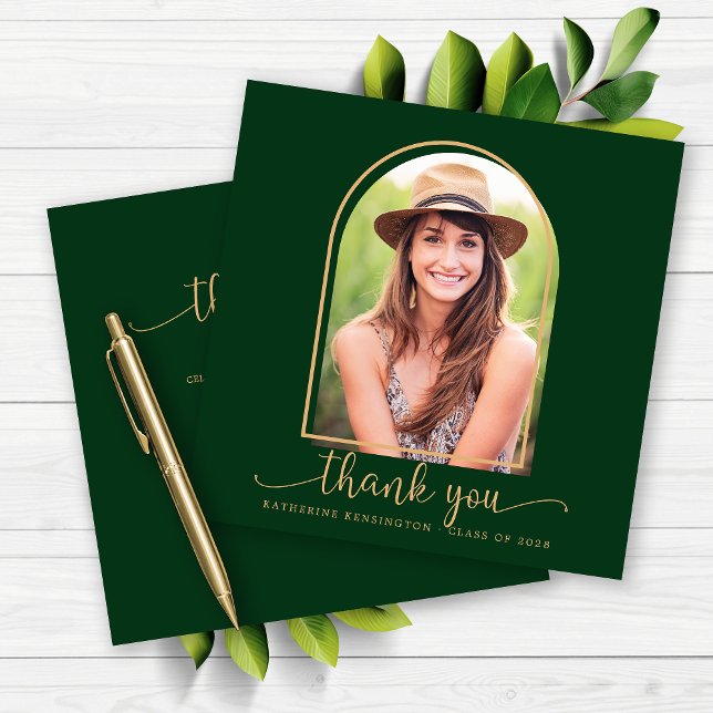 Graduação de Foto em Arco Dourado Verde Obrigado (Green Gold Arch Photo Graduation Thank You Card)