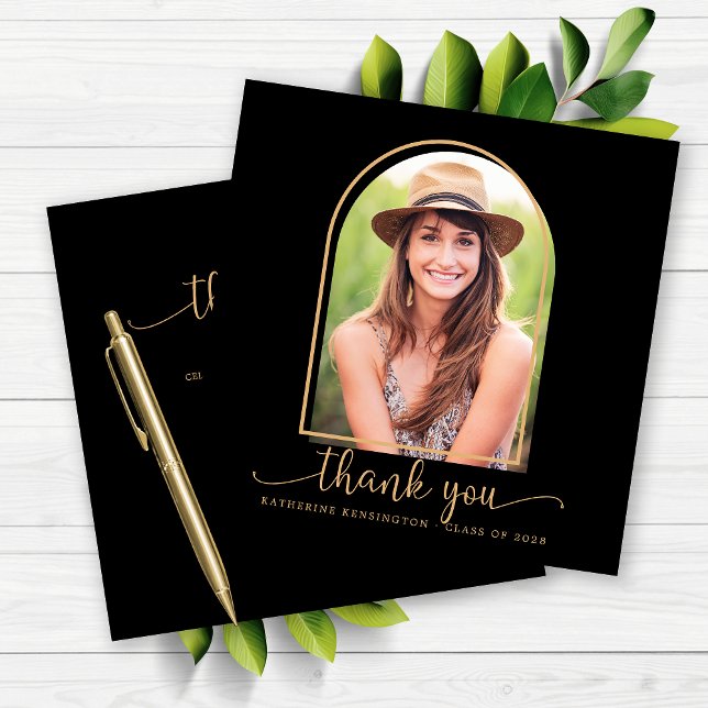 Graduação de Foto em Arco Preto e Dourado Obrigado (Black and Gold Arch Photo Graduation Thank You Card)