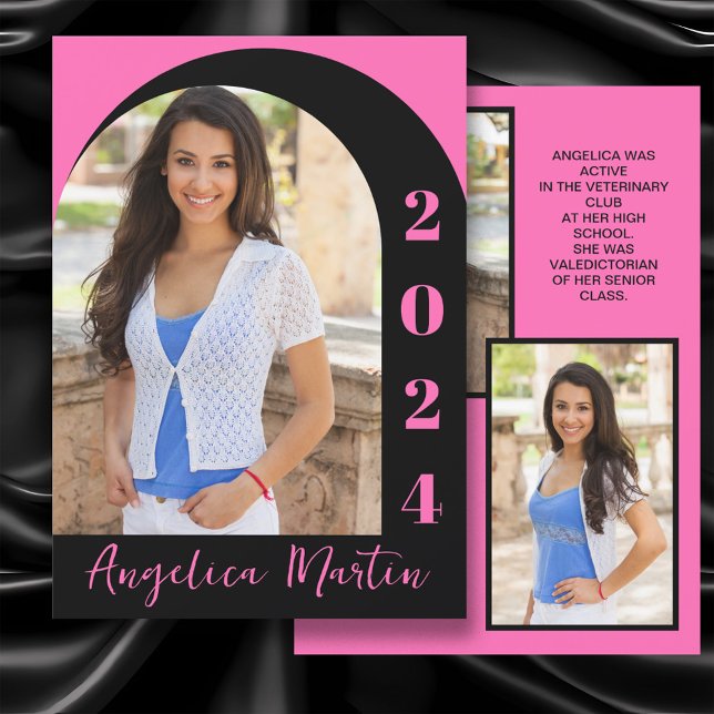 Graduação de Foto em Arco Preto Rosa Quente - Clas (Hot pink and black arch-photo high school graduation announcement printed on front and back.)