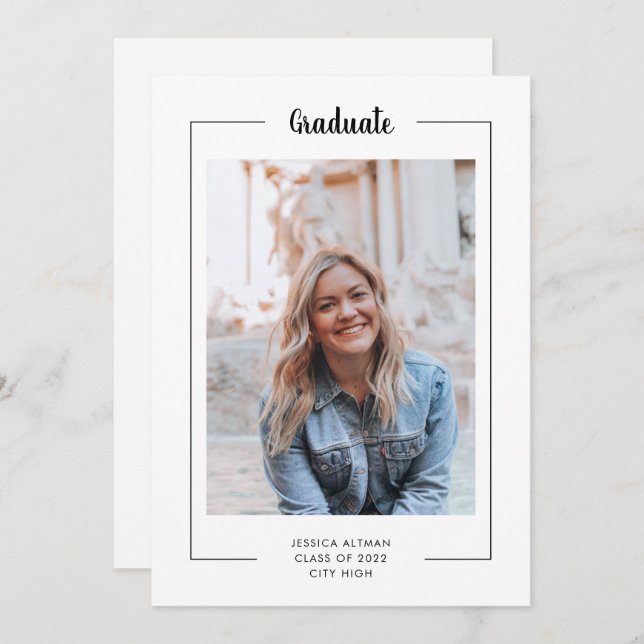 Graduação de Fotos com Script Branco Mínimo Preto  (Frente/Verso)