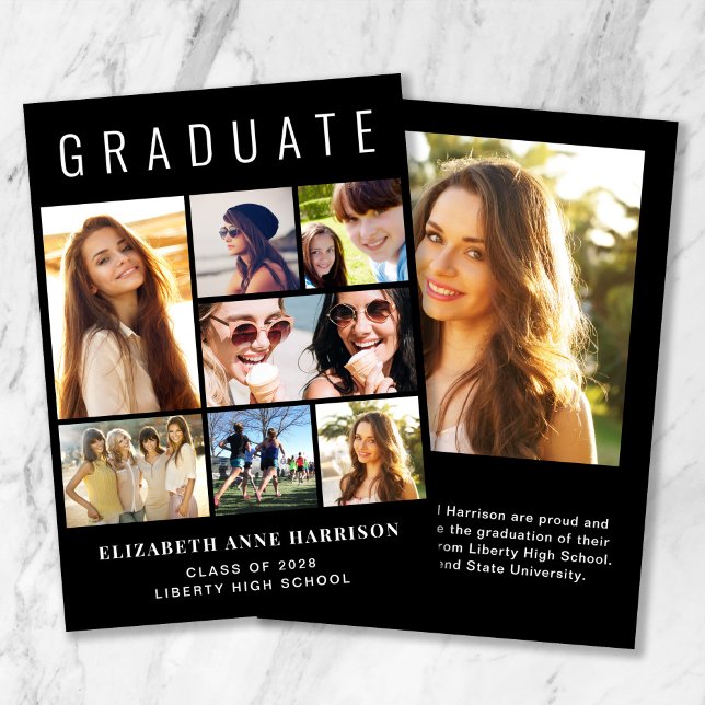 Graduação em Preto para Colagem de Fotos Moderna (Cherish the milestone: share your graduate's achievement with a custom photo graduation announcement)