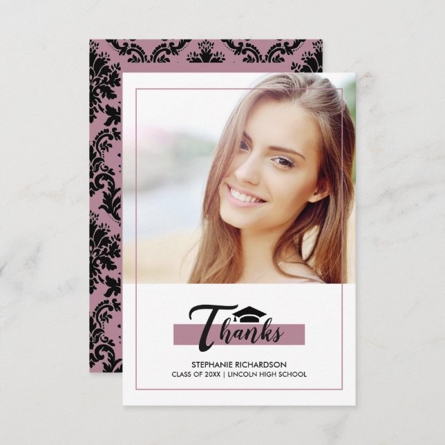 Graduação em preto roxo Obrigado Cartão com fotos (Frente/Verso)