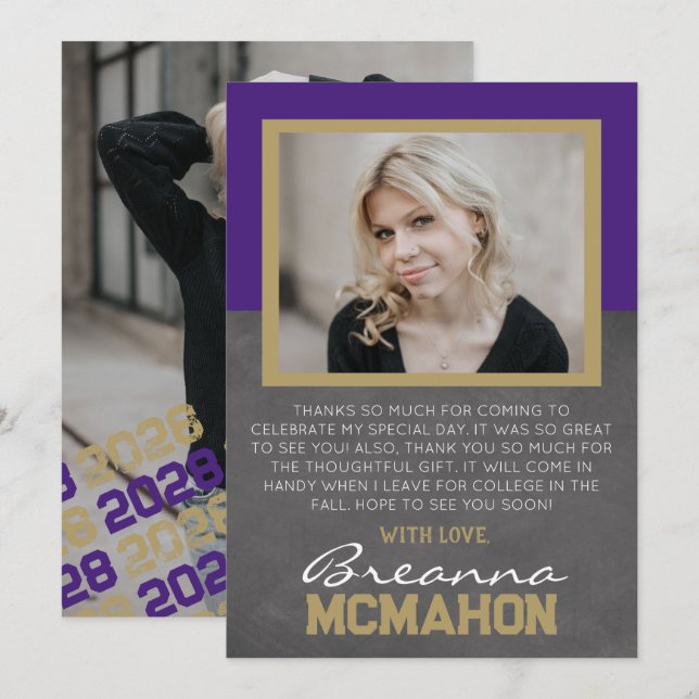 Graduação em roxo e bronze - Cartões de agradecime (Frente/Verso)