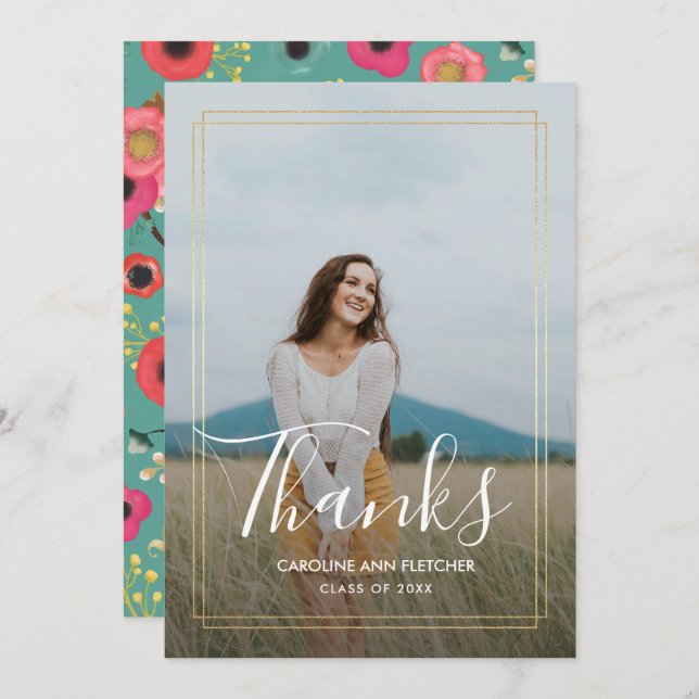 Graduação Floral Moderna Obrigado Cartão com fotos (Frente/Verso)