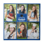Graduação Personalizada de Colagem de Fotos do For<br><div class="desc">Este moderno azulejo de colagem de fotos com formando azul apresenta suas 6 fotografias de estudantes favoritas. Este presente de manutenção da graduação apresenta tipografia branca clássica do seu segundo grau ou nome da faculdade para a classe de 2025. Personalize este design com seu ano de graduação abaixo do boné...</div>