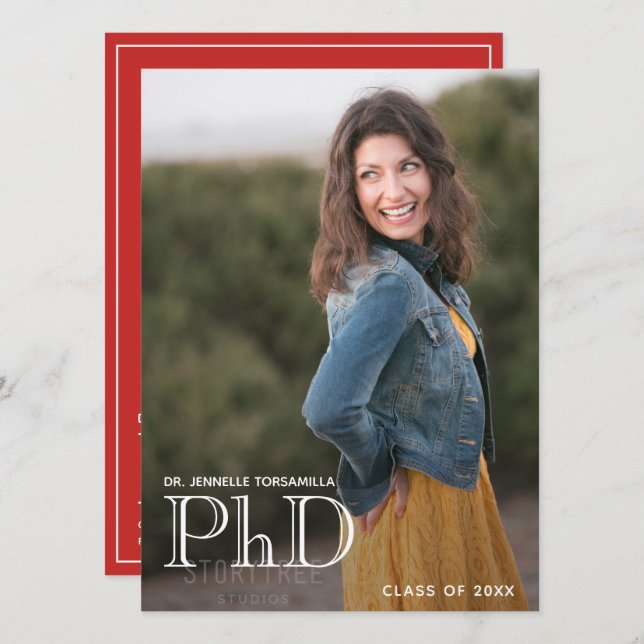 Graduação PhD Anúncio Foto White Red (Frente/Verso)