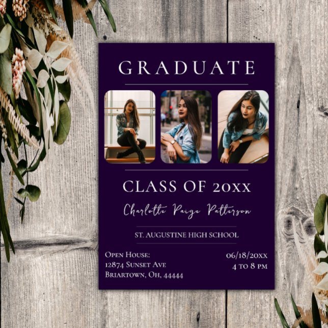 Graduação simples de três fotos | Convite Púrpura (Purple Simple Three Photo Graduation Invitation)