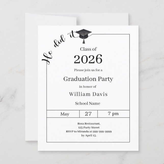 Graduation party black white He did it invitation (Frente)