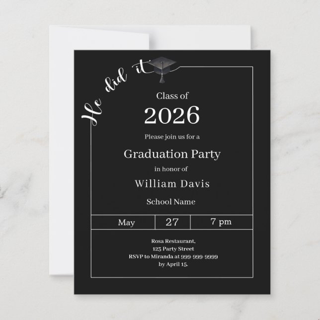 Graduation party black white He did it invitation (Frente)